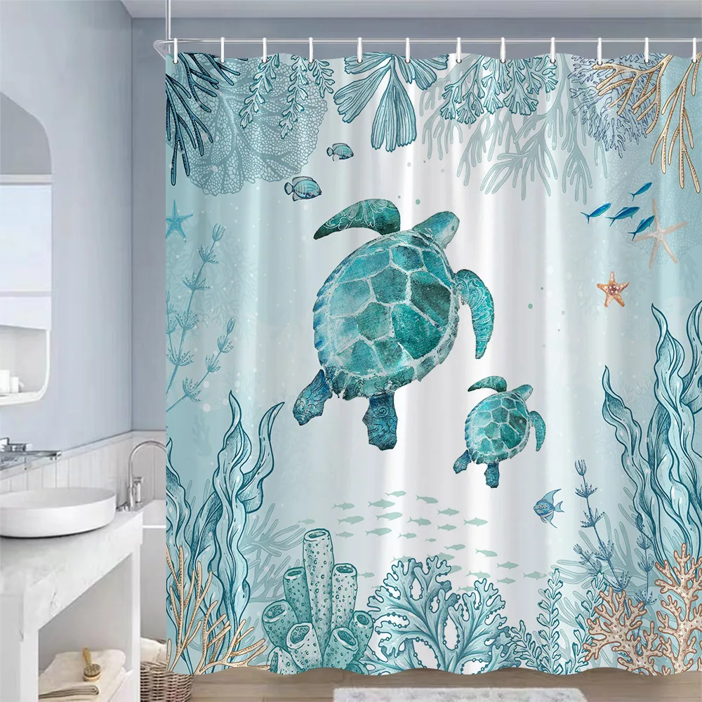 Ocean Animals Shower Curtains Sea Turtles Starfish Coral Seaweed Underwater Scenery Polyester Bathroom Curtain Decor with Hooks