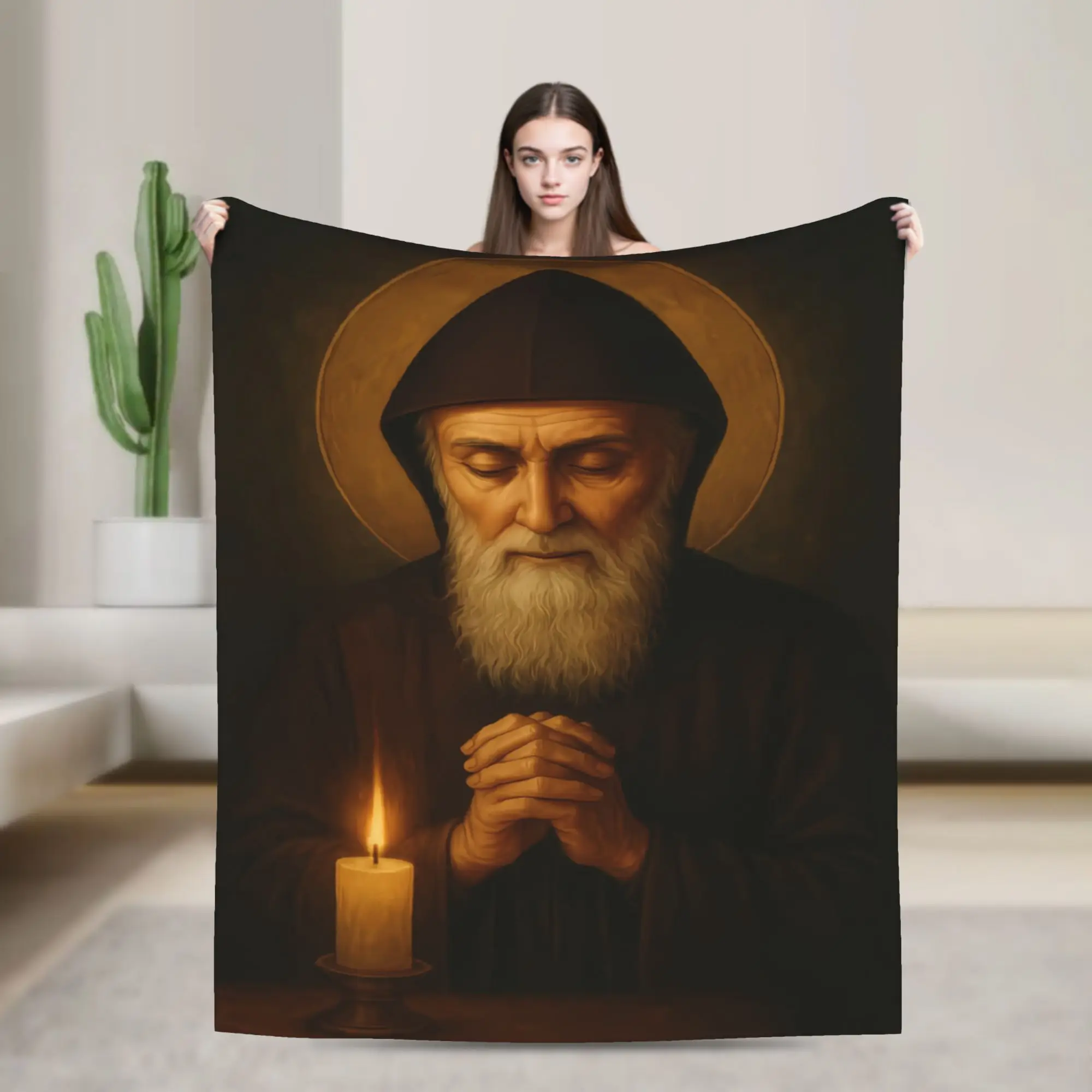 Gilded Saint Charbel Gold Frame Icon Soft Warm Blanket  Travel Office Plush Throw Blanket Fluffy Couch Bed Bedspread Sofa Bed