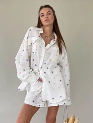 Marthaqiqi Fashion Women Nightwear Suit Long Sleeve Nightgown Turn-Down Collar Sleepwear Shorts Causal Printing Femme Pajama Set