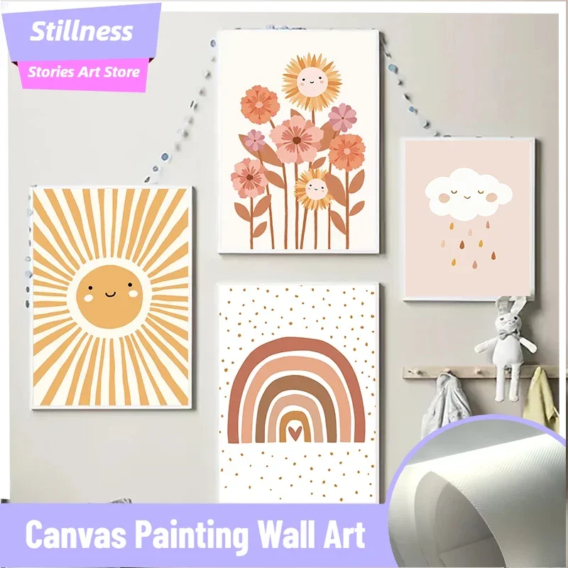 Historias de moreza sin marco, colorido arcoíris, sol, nube, póster de flores, impresiones, arte de pared de estilo bohemio, pintura en lienzo para enfermera infantil