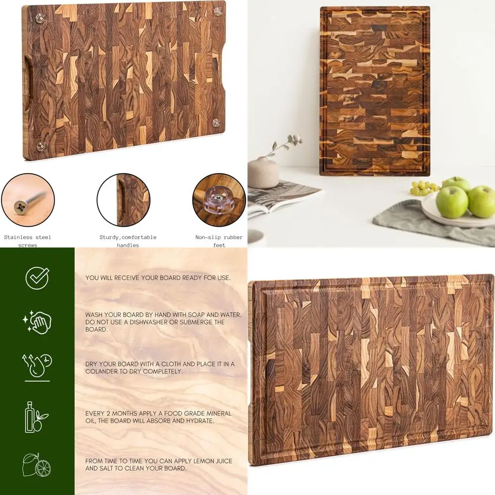 لوح تقطيع كبير من خشب الساج مقاس 23 × 15 × 1.5 مع أخدود عصير وأقدام غير قابلة للانزلاق للاستخدام المتين في المطبخ