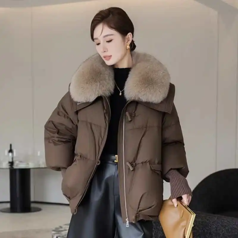 

Loose Fit Thiened down Cotton Jaet Women's Winter Outerwear with Fur Collar Splicing Design Faionable Slimming Sle