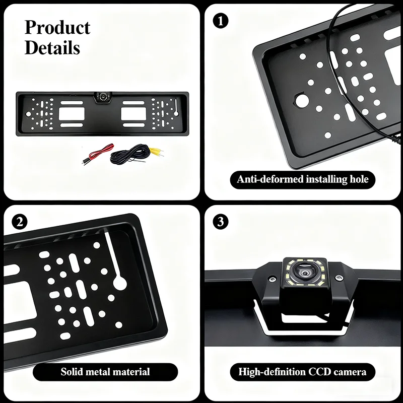 إطار لوحة الترخيص الأوروبي مع كاميرا احتياطية ونظام استشعار وقوف السيارات الرادار العكسي 8LED/12LED ملحقات الرؤية الخلفية للسيارات #3