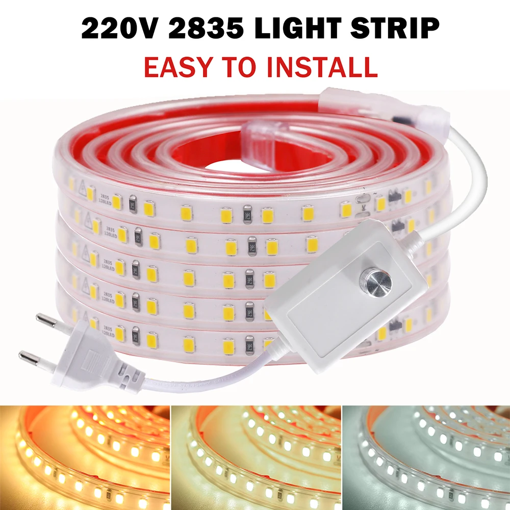 220V Dimmable LED Strip Light EU UK Power Dimmer Kit Waterproof 2835 120LEDs/M High Bright Flex Tape 0.5M 10M 20M 30M Home Decor