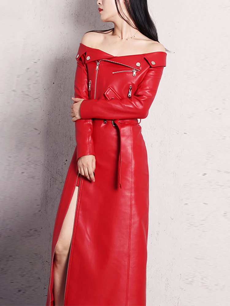 long red leather dress Nerazzurri Spring Autumn Maxi Dresses for Women Slash Neck Black PU Women Sleeve Runway Elegant Dress burgundy faux leather dress