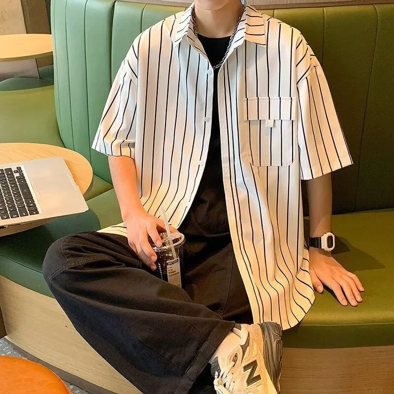 

Casual Summer Thin Men's irt Vertical Stripes ort Sve Faionable Versatile Loose Fit Polyester Fiber Youthful Trend