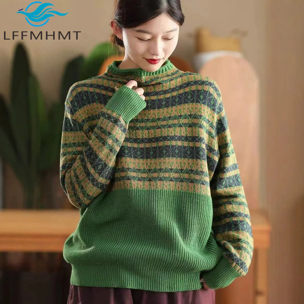 

Зимний модный топ с длинными рукавами, свитера из хлопковой пряжи, женская винтажная полосатая толстая теплая одежда, мягкий уютный свободный повседневный пуловер, топ