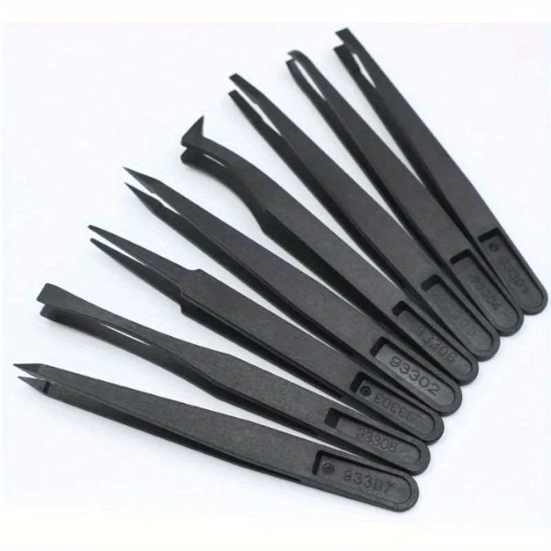 8pcs/set Portable Black Straight Bend Anti-static Plastic Tweezer Heat Resistant Repair Tool