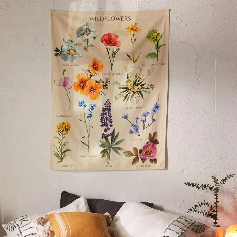 Botanical Wildflower Tapestry Wall Hanging Flower Reference Chart Hippie Bohemian Tapestries Colorful Psychedelic INS Home Decor