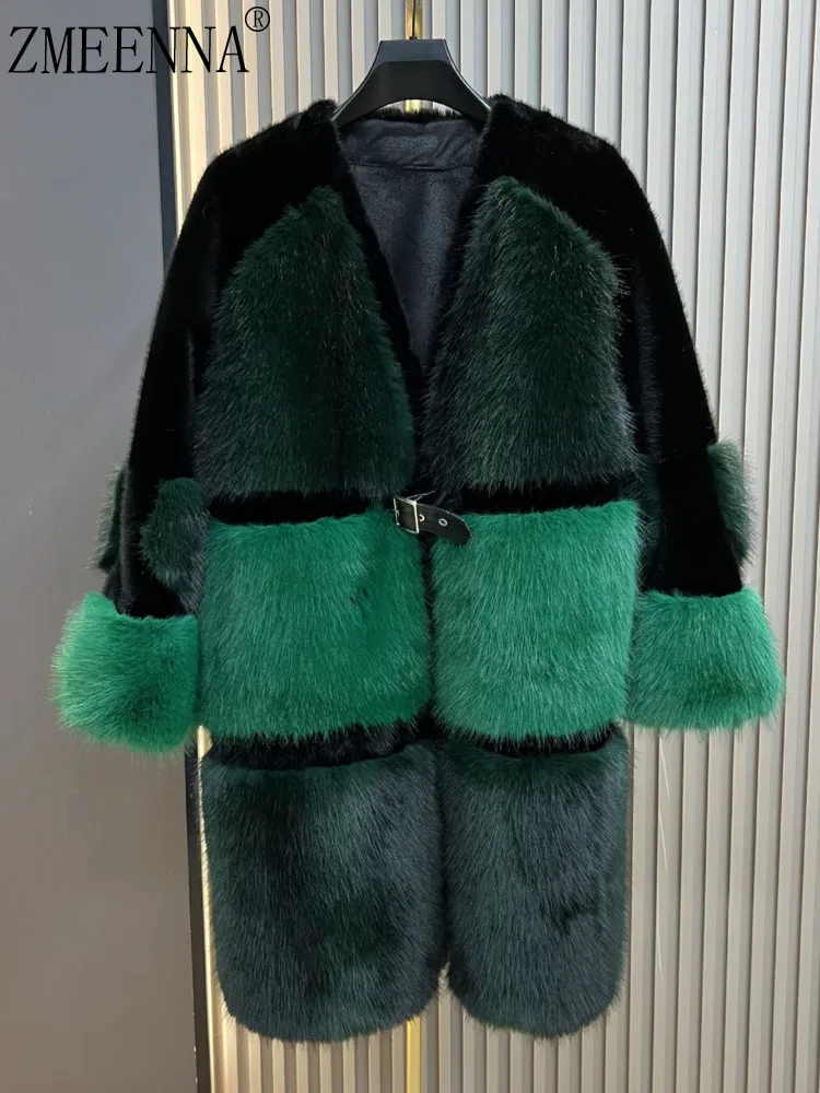 ZMEENNA معطف نسائي من الفرو الصناعي كتلة ألوان تصميم لوحة أفقية بدون ياقة على شكل حرف V مشبك ملابس خارجية شتوية دافئة ZM4480 #1