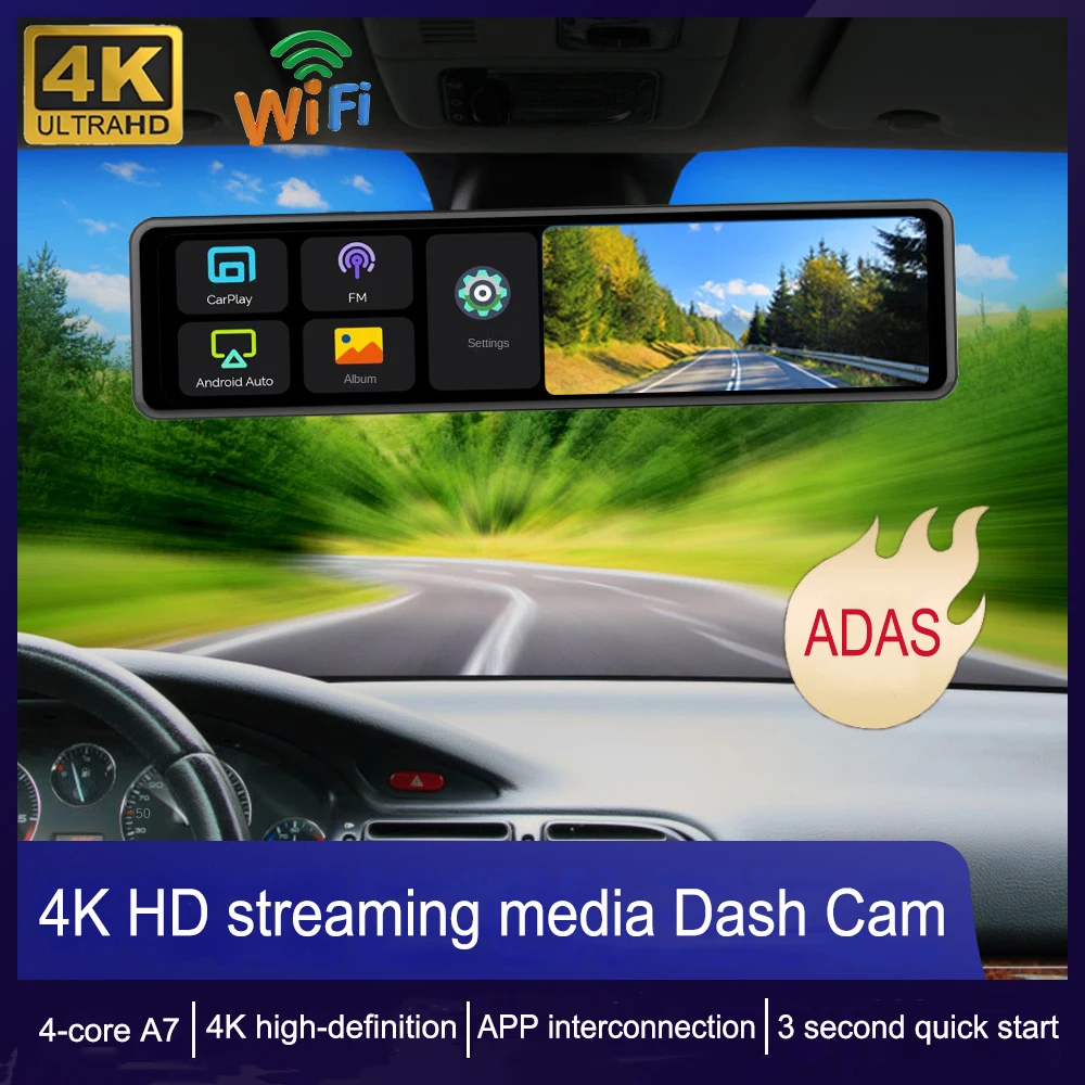 4K ADAS Dash Cam Dual Lens Car DVR GPS Navigation Radio Multimedia WIFI Video Player Wireless CarPlay Monitor Android BlackBox