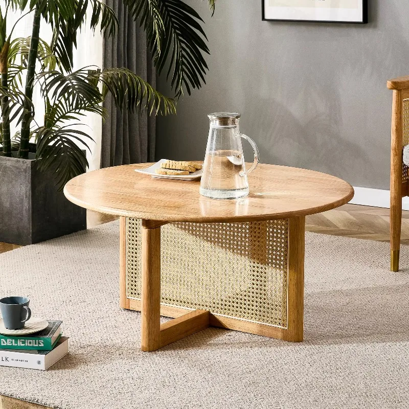 US Warehouse Japanese Solid Wood Rattan Tea Table Small Living Room Wood Small Tea Table Wabi-Sabi Wind Simple Round Low Table