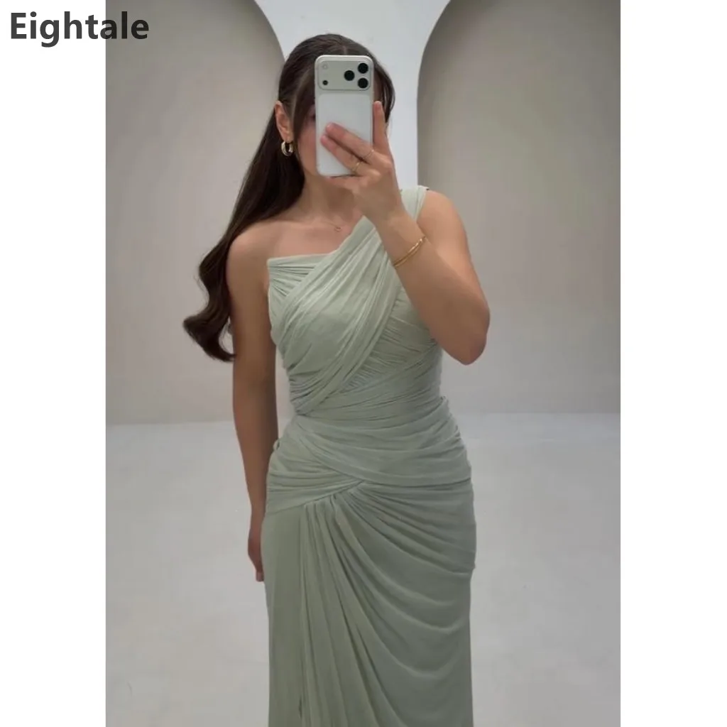 Eightale Sage Green One Shoulder Evening Dress Ruched Chiffon Mermaid Formal Party Gown with Train Bridesmaid Dress Customized