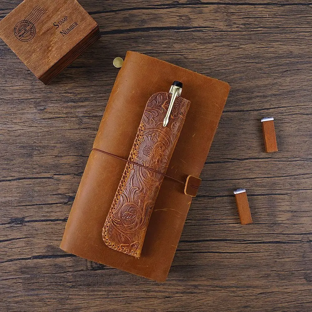 Genuine Leather Creative Brown Embossing Flower Pen Bag Storage Bag Pencil Pouch Gift Protection Case