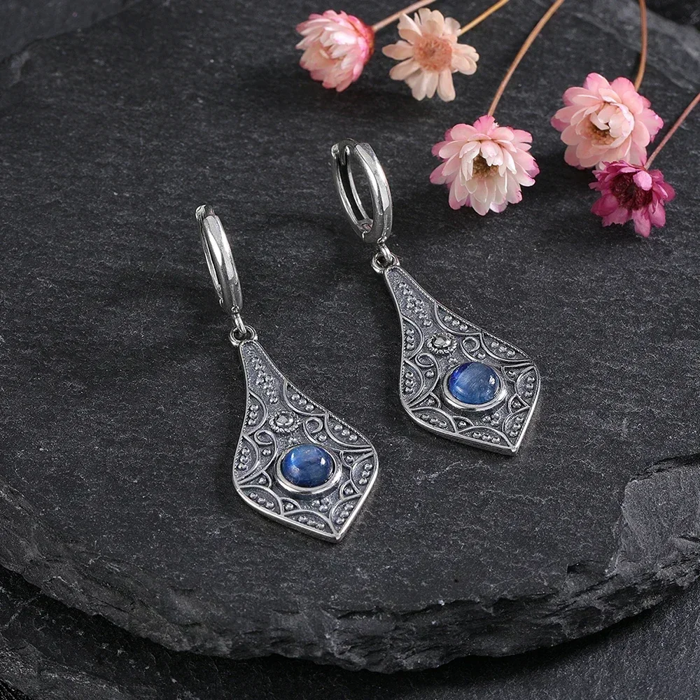 925 Silver Vintage Earrings Blue Sandstone Women\'s Earrings Elegant Party Jewelry Accessories Drop Fashion Earrings
