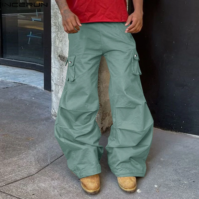 INCERUN 夏男性ワイドレッグパンツファッションカーゴパンツソリッドポケットプリーツ長ズボン特大パンタロン紳士服