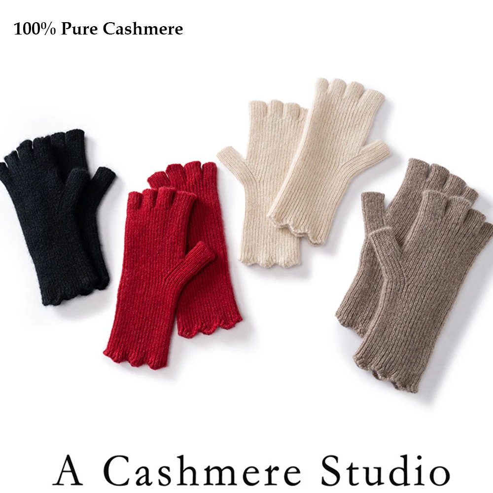 100% Cashmere Knitted Half Finger Gloves Women Thicken Warm Wool Mittens Wave Edge Winter Khaki Red Black Gloves 2026 Xmas Gifts