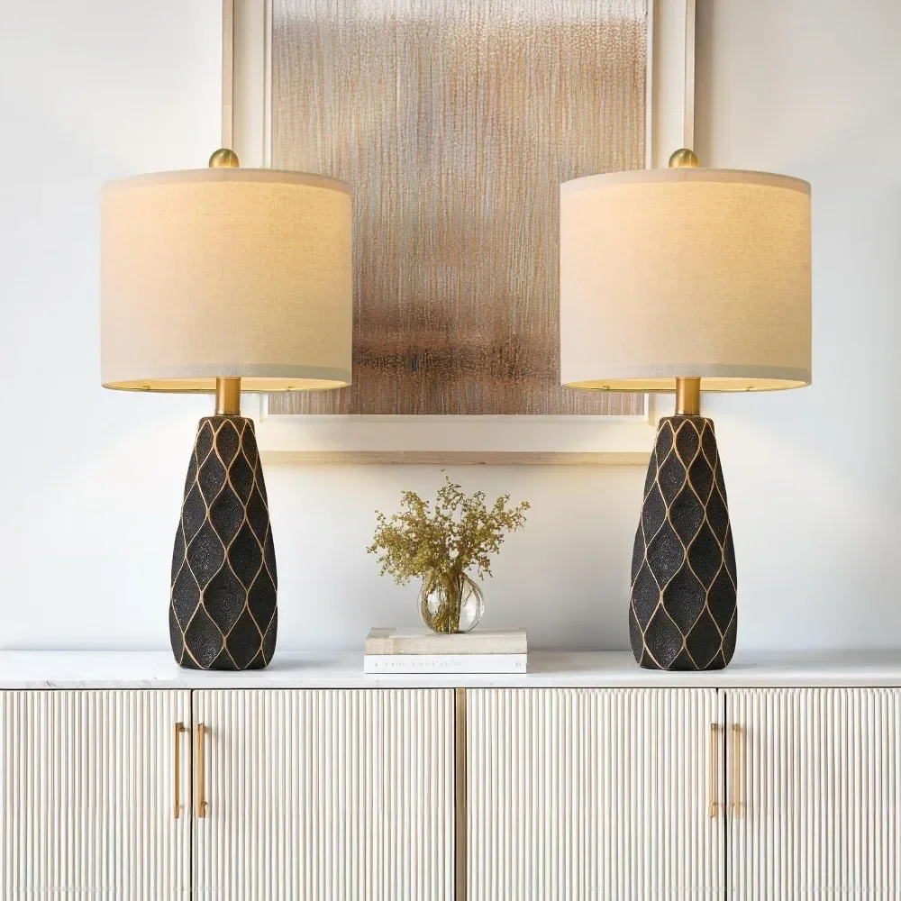 Set of 2 Ceramic Table Lamps, Modern Boho Farmhouse Nightstand Lamps for Living Room Bedroom Home Office Desk Decor, Black view 3