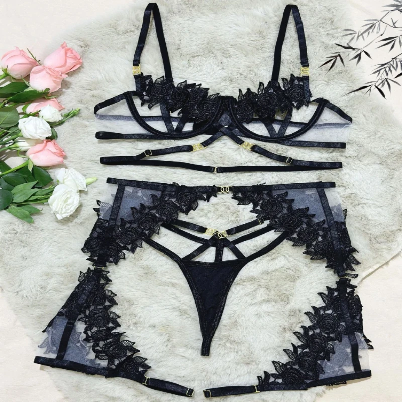 

Fashionable Sexy Bikini Mesh See-through Lingerie Set for Women with Black Floral Hollow Design