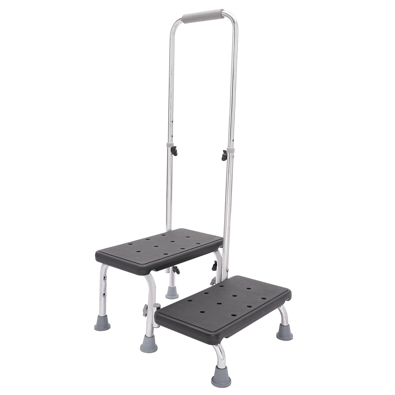 2-Step Stool with Handle for Elderly, Non-Slip Bedside Steps with Adjustable Handrail, Medical Footstool, Capacity 220lbs, Black