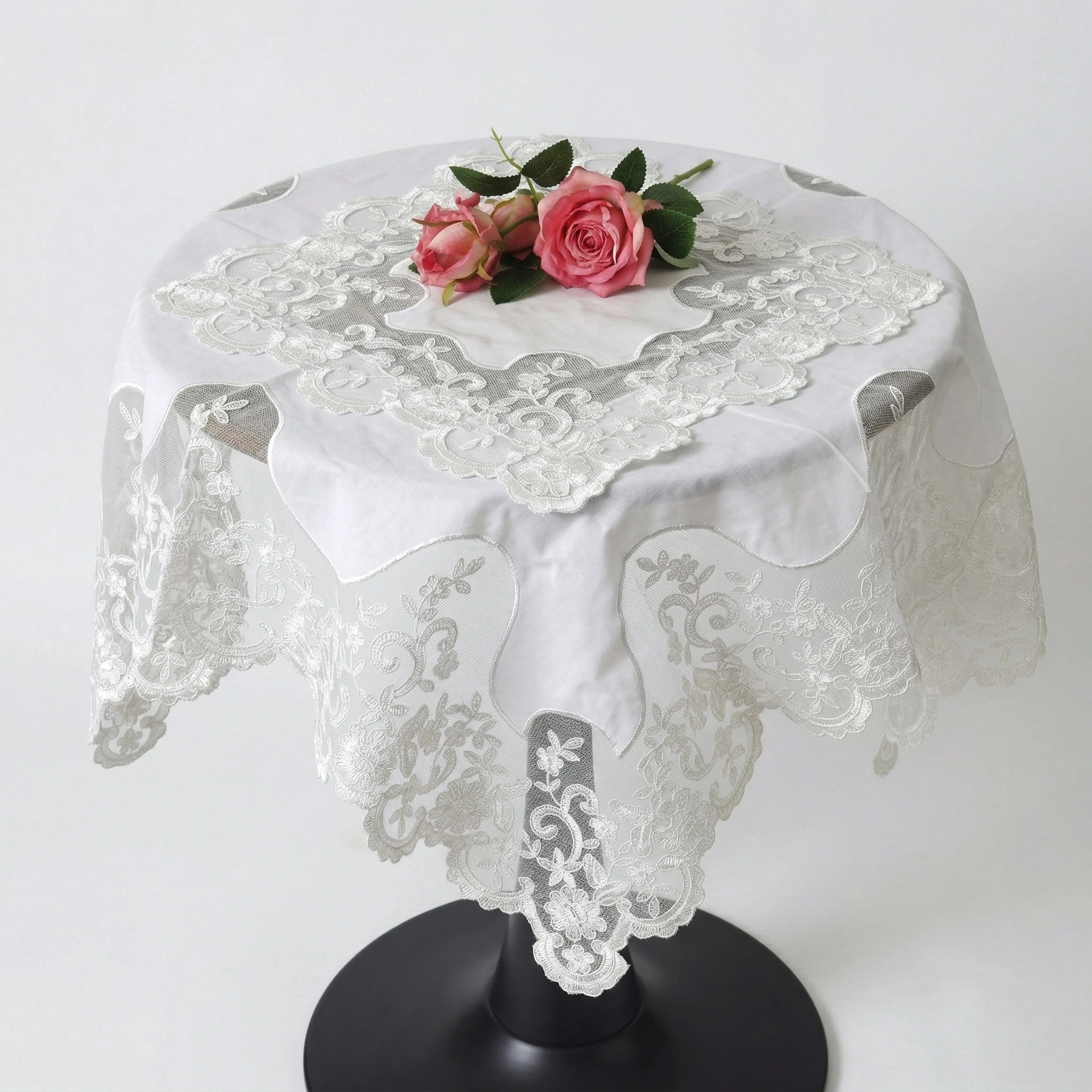 3pcs Elegant Breakfast Placemat And Tablecloth Set Dining Table Jacquard Lace Mat White Embroidered Square Wedding Tablerunner view 2