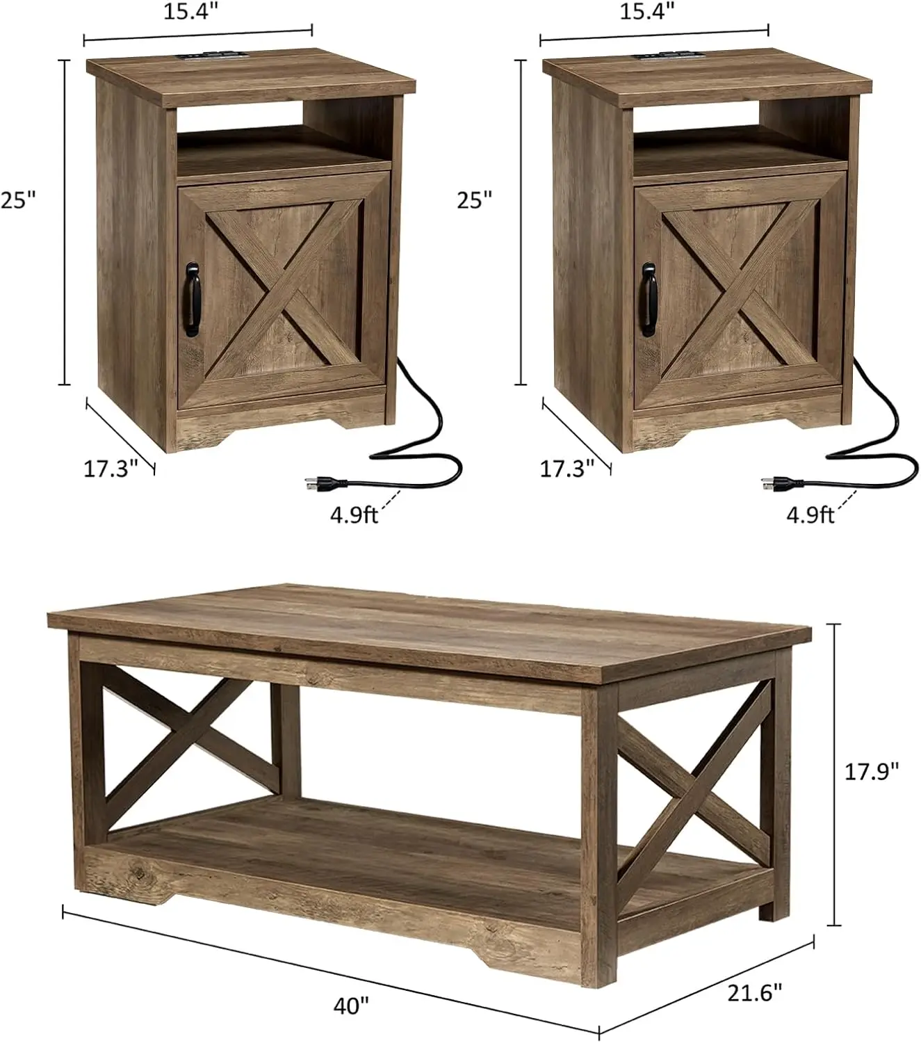 AMERLIFE 3-Piece Farmhouse Table Set Includes Coffee Table& Two End Tables, Side Table with Charging Station and USB Ports