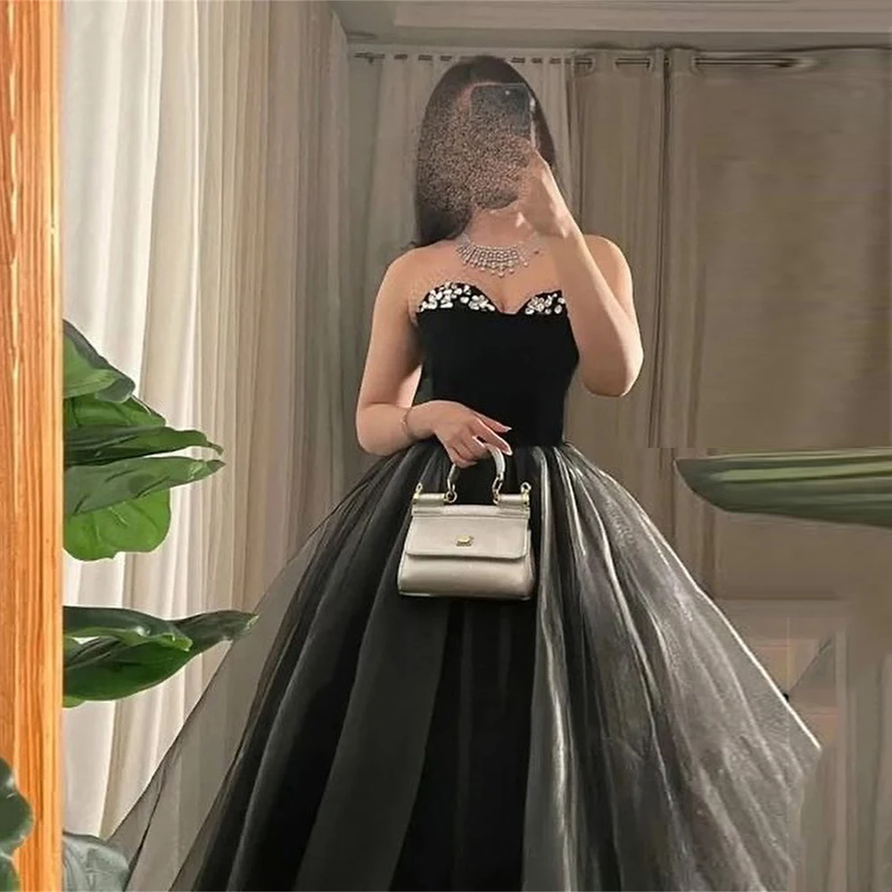 

BridalAffair Black Evening Dresses Tulle Vintage Sequined Strapless Formal Occasion Dresses Abendkleider Dubai Vestidos De Noche