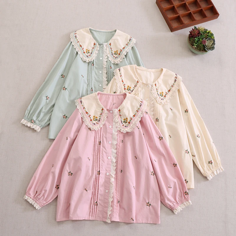 

Japanese Sweet Mori Girl Floral Embroidery Cotton Blouse Women Kawaii Peter Pan Collar Long Sleeve Casual Loose Shirt Blusa Tops