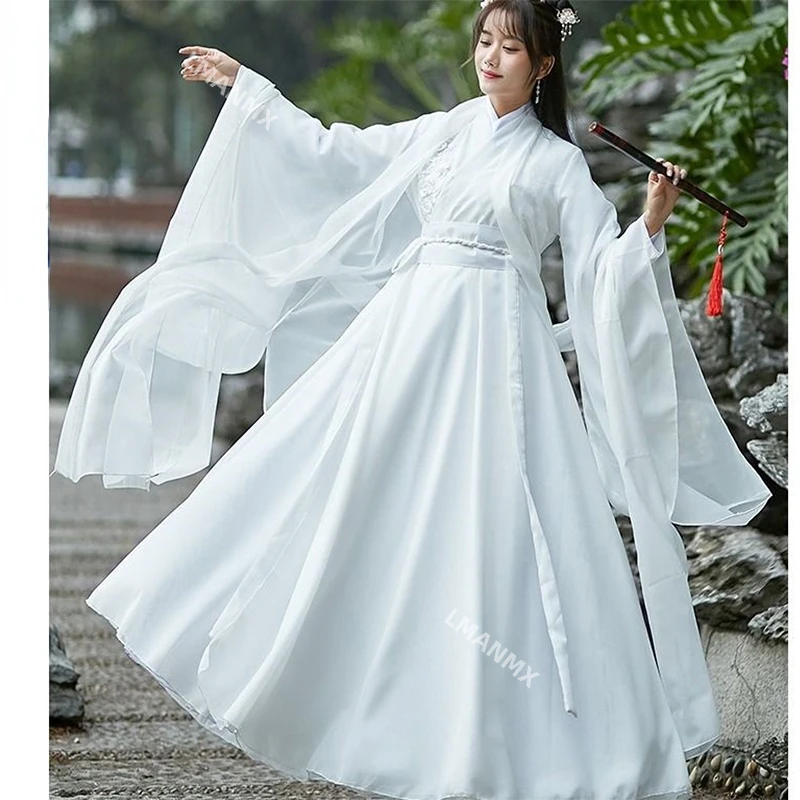 Vestido cosplay hanfu chinês para mulheres, quimonos tradicionais, estilo Tang Dynasty, hanfu moderno, vestido de princesa fada branca