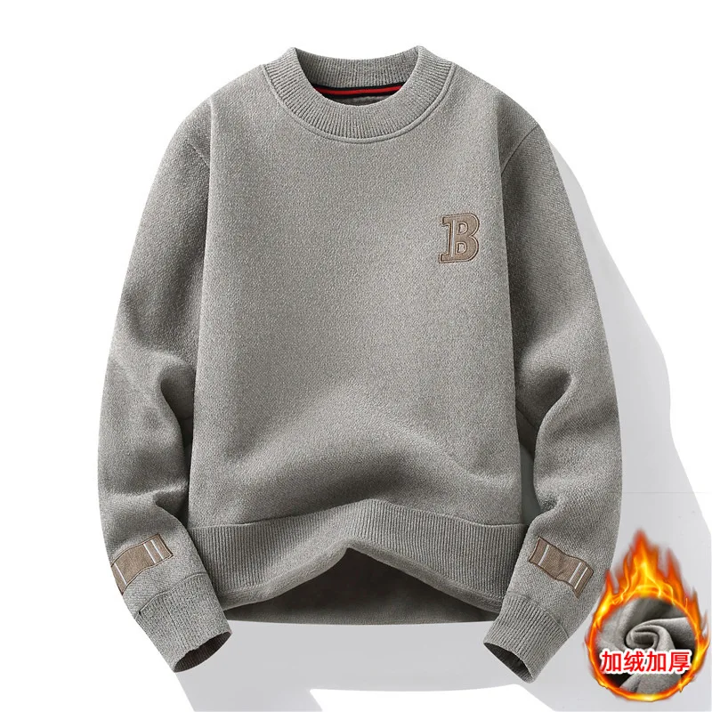 Autumn Winter Men's Fleece Lined Thickened Warm Sweater Youth Knitted Base Layer Undershirt Long Sleeve Jumper Pullover