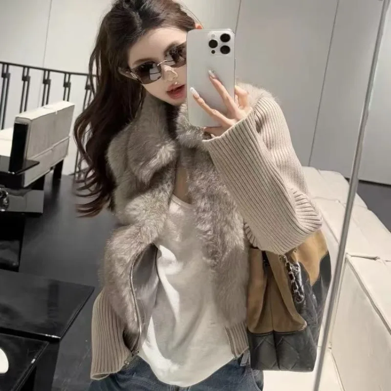 Otoño e Invierno nuevo chaleco de piel de zorro de imitación tejido empalme mangas removibles chaqueta de solapa delgada y versátil moderno elegante