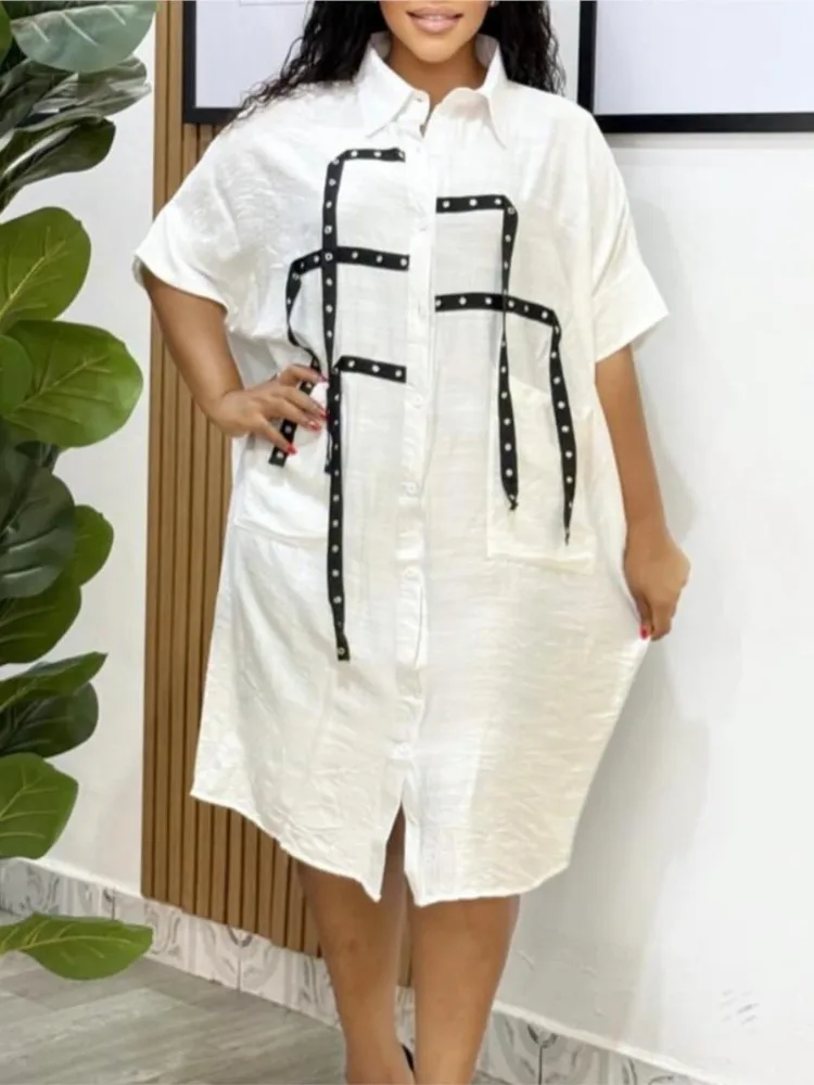 Nova moda feminina solta vestido casual primavera temperamento viajando lapela personalidade rua costura camisa de manga curta vestido