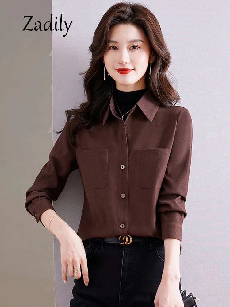 Office Lady Button Up Long Sleeve Women Basic Shirt 2024 Autumn Button Up Thick Blouse Pocket Warm Cardigan Work Clothing Tops