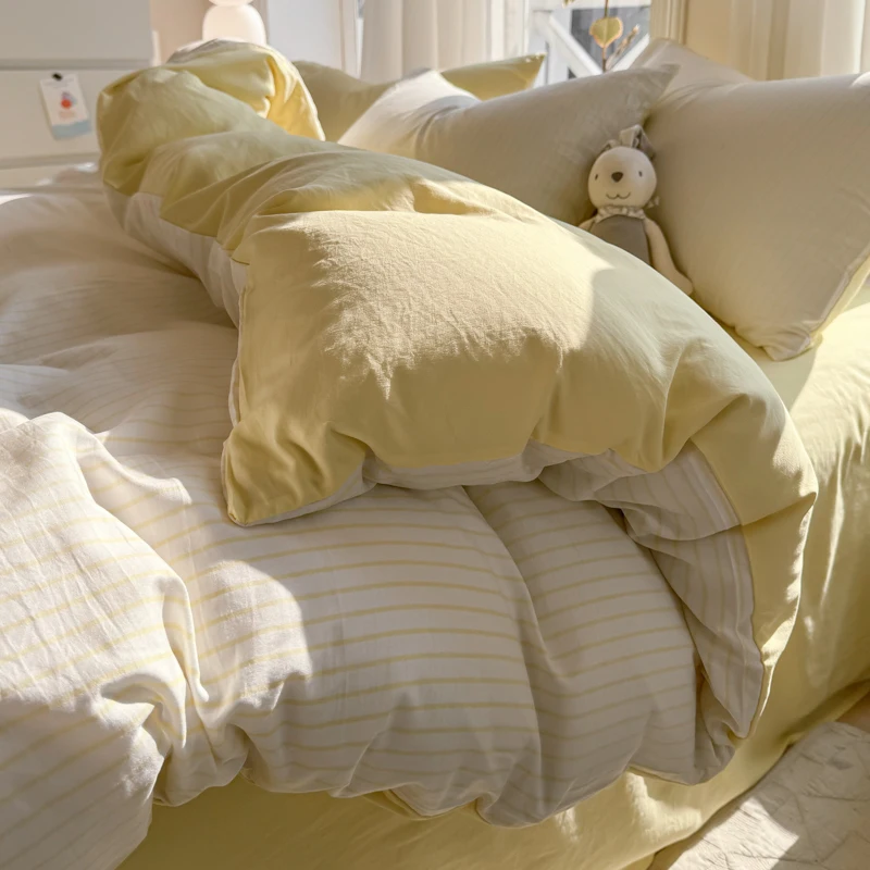 Striped 100% Washed Cotton Duvet Cover Set Soft Comfortable Bedding Set Simple Style Korean Bed Sheet Set Quilt Cover Pillowcase