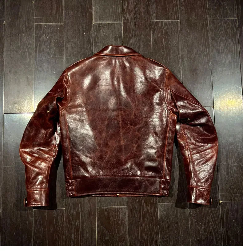 YR!Free shipping.2024 Brand new Tough Guy Motorcycle Leather Jacket.1.2mm Japan tea core horseskin coat.slim fit leather cloth