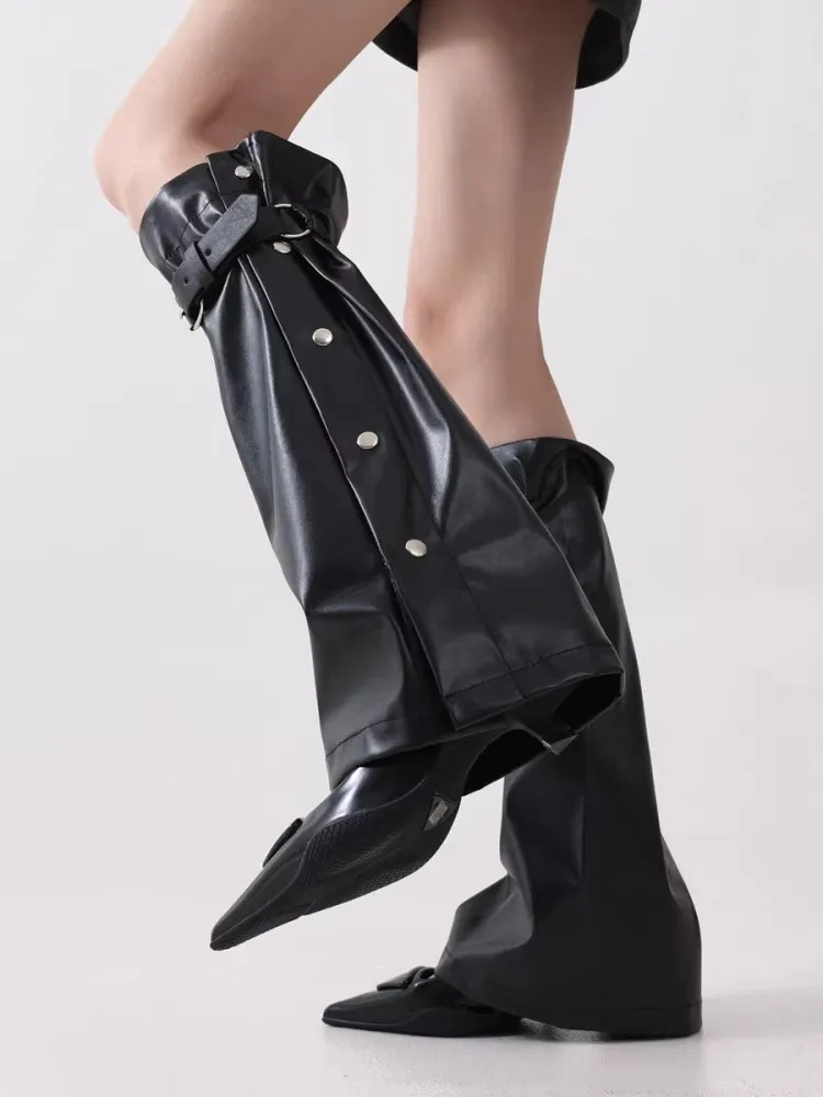 Dark Punk Style Women Black Leg Sleeves, Metal Leather Buckle, Hot Girl Outfit, Flared Boot Covers Faux Leather Leg Warmer R3245
