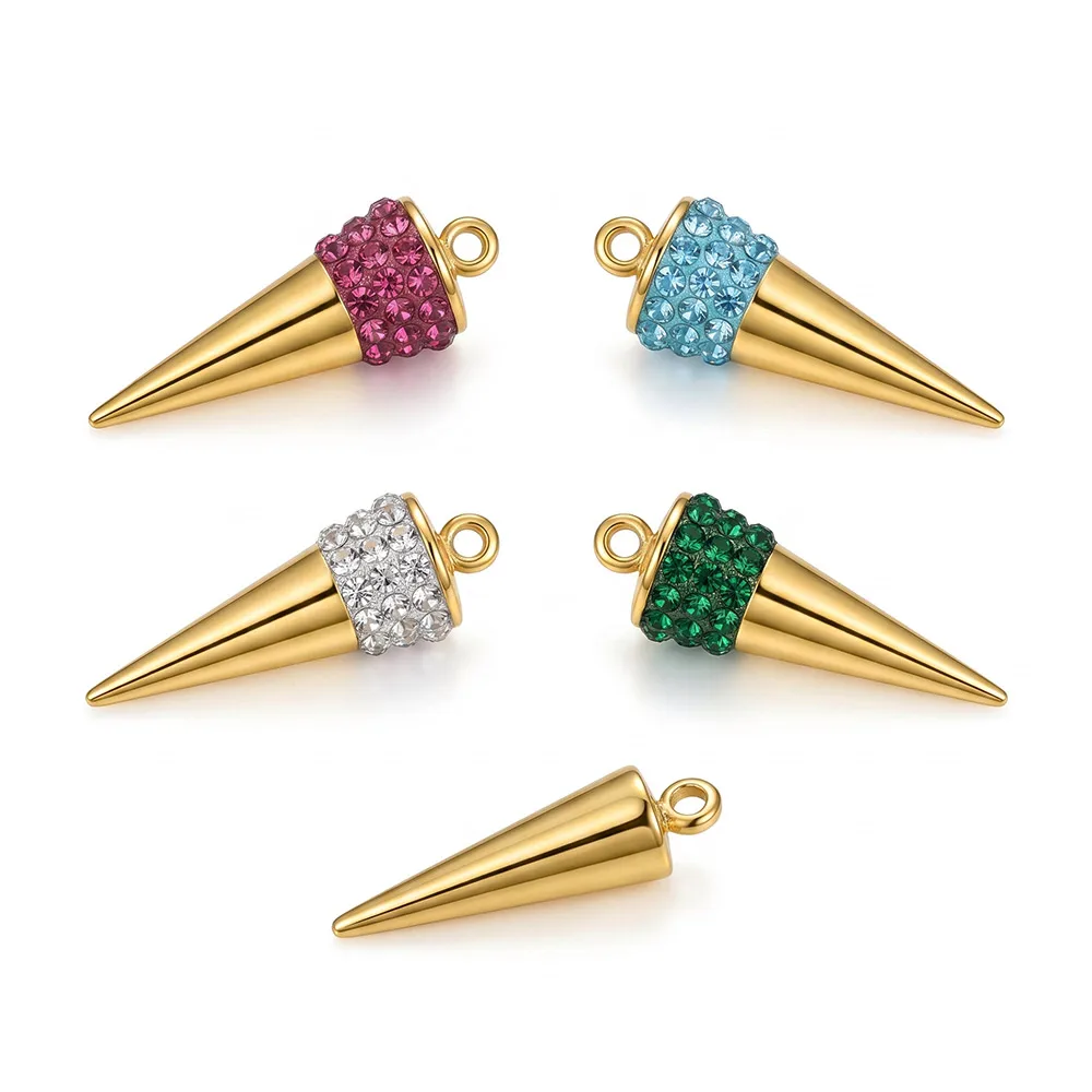 5PCS Stainless Steel Circular Cone Charms Retro Inlay Rhinestone for Women Man Hoop Earrings Necklace Jewelry Making Accessories