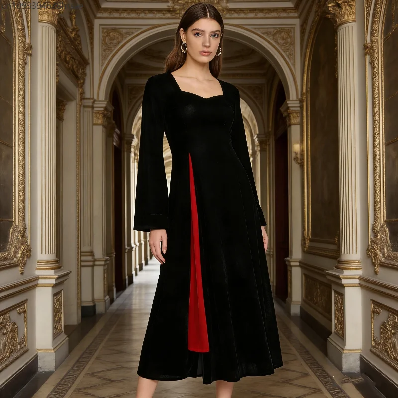 

Women's Elegant Black Dress with Red Side Panel Square Neck Flare Long Sleeve Vintage Gothic Queen Cosplay Party Evening Gown