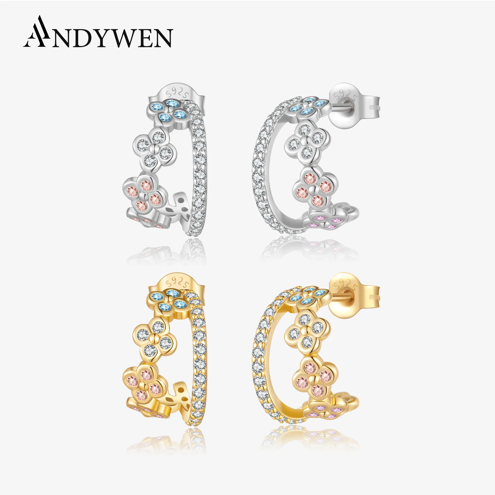 

ANDYWEN Серьги-каффы из серебра 925 пробы с клевером, разноцветные CZ с синим, розовым, фиолетовым, подарочная коробка для сладких ювелирных изделий для женщин, универсальная повседневная одежда