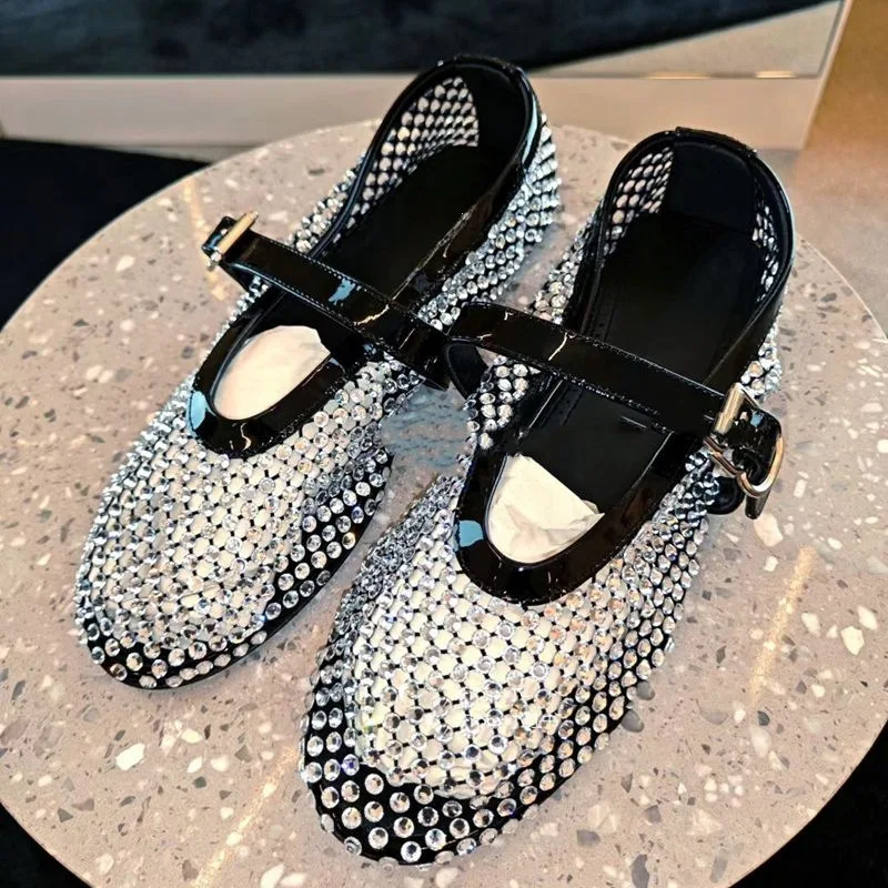 

Mesh breathable women's ballet shoes 2024 new sparkling diamond buckle with flat sole sole sole Mary Jane shoes for outerwear