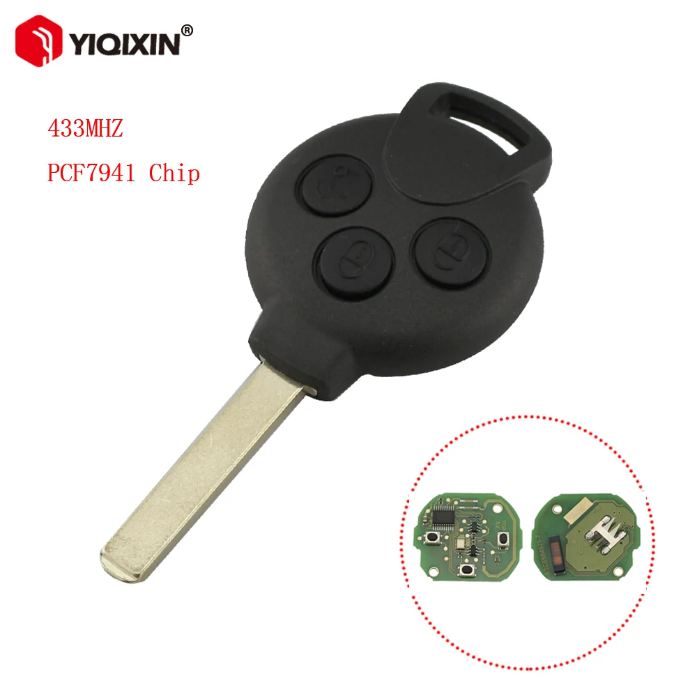 YIQIXIN 433 MHz 7941 Chip Fernbedienung Autoschlüssel für Mercedes Benz Smart Fortwo 451 2007–2013, 3 Tasten, schlüsselloser Zugang, ungeschnittener Schlüssel, kein Logo