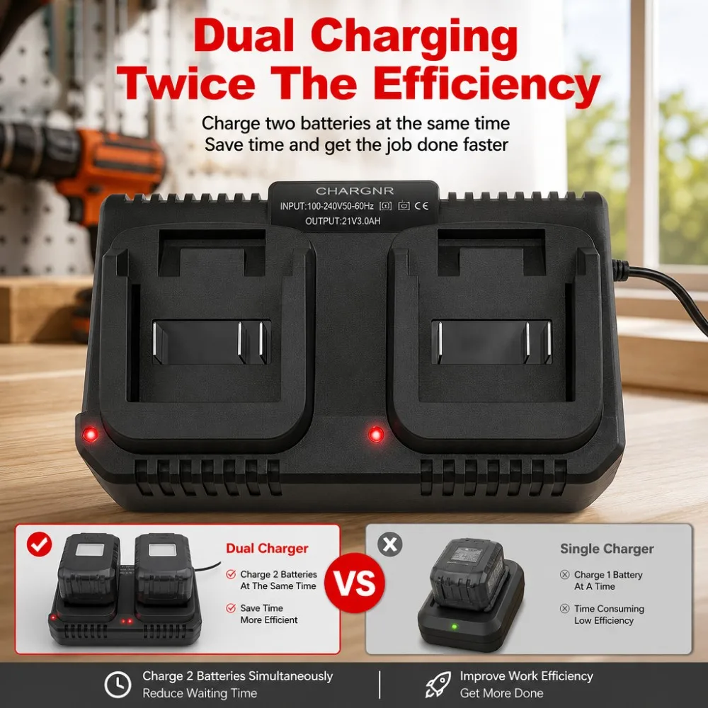Dual Slot Charger 18V 21V Li-ion Battery Charger for Makita BL1415 BL1815 BL1830 BL1850 Electric Drill Power Tools EU US Plug view 3
