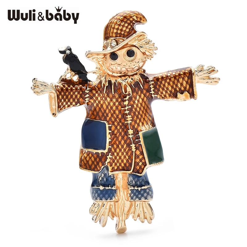 Wuli&baby Enamel Black Bird on Skull Scarecrow Wearing Hat And Patch Clothing Brooch Pins For Halloween Jewelry Accessory Gift