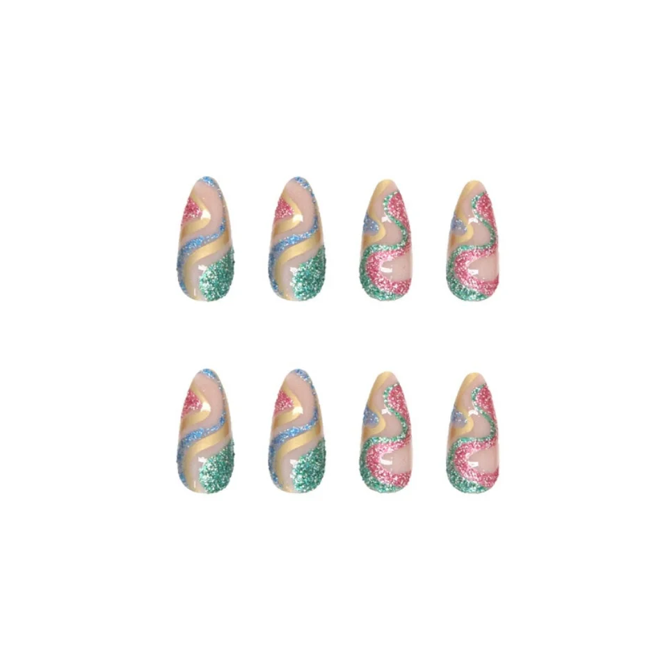 24Pcs/Lot Almond False Nails with Snake Glitter Design French Stiletto Full Cover Fake Nails DIY Manicure Press on Nail Art Tips