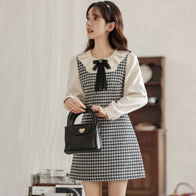 Elegant Dresses Women 2024 New Office Lady Korea Style Plaid Patchwork Long Sleeve Bow Zipper High Waist Dress