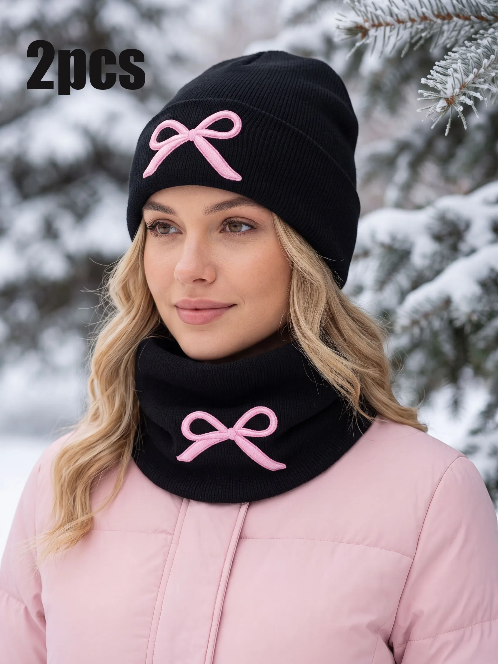 2Pcs Adult Embroidery Bow Knitted Hat & Neck Warmer Set, Warm Winter Embroidery Bow Outfit Fashion Knit Beanie Scarf Kit