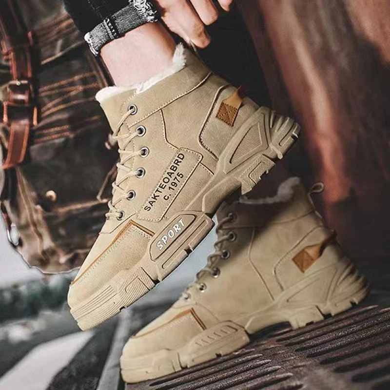 Winter Warm Snow Boots Men Fleece Lined High Top Anti Slip Rubber Casual Outdoor Work Ankle Shoes Insulated Waterproof Sneakers