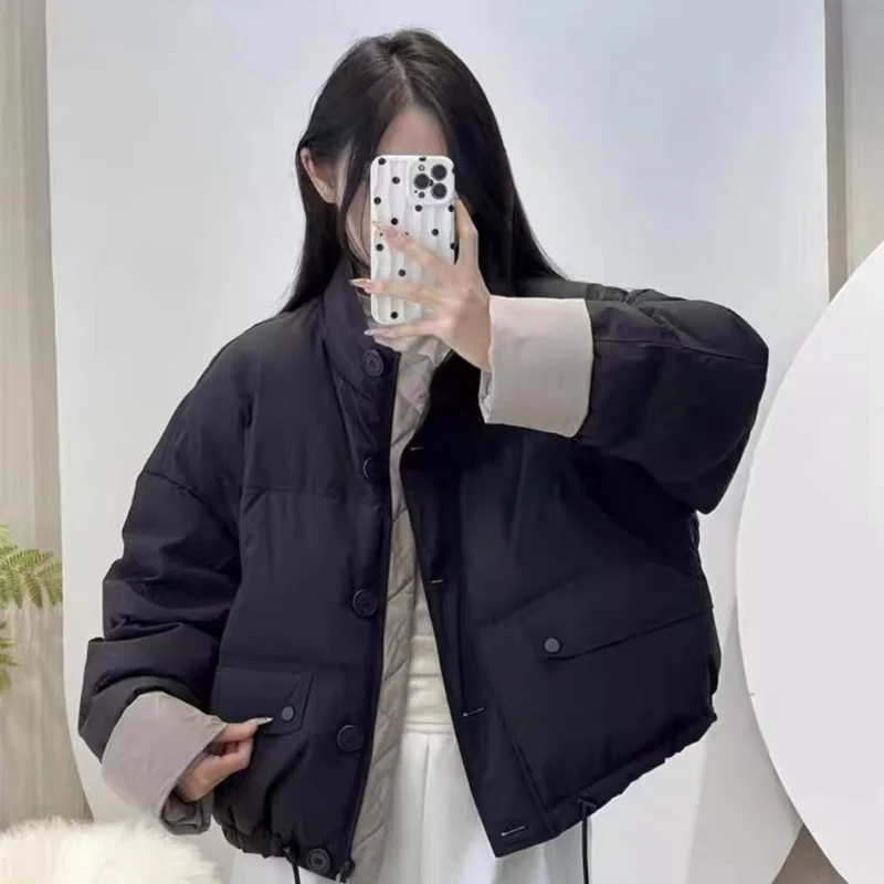 Oversized kort donsjack met contrasterende kleur voor dames 2025, nieuwe wintermode, veelzijdige pufferjas, verdikt