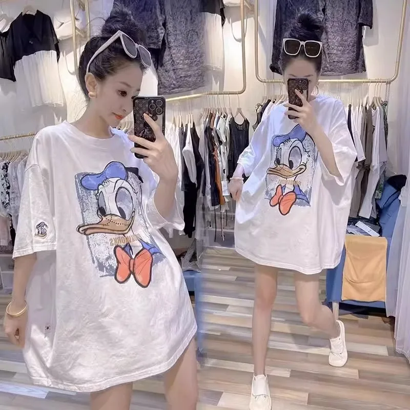 Women's Spring Cartoon Donald Duck Print Short-sleeve T-shirt, Stylish and Loose Top