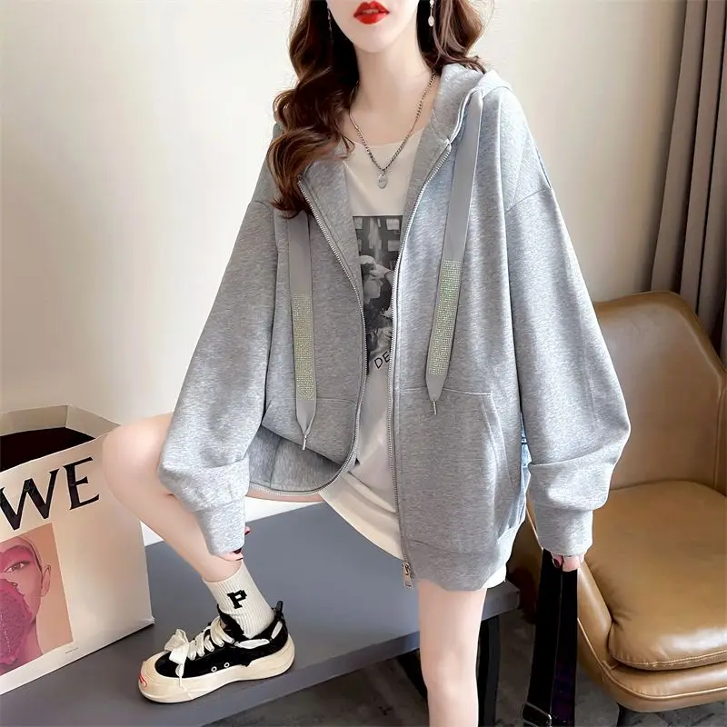 Womens Hoodies Hot Diamond Denim Patchwork Hooded Jacket Spring Fall Trend Thin Zip Up Cardigan Hoodie Cartoon Coat Y2k Clothes